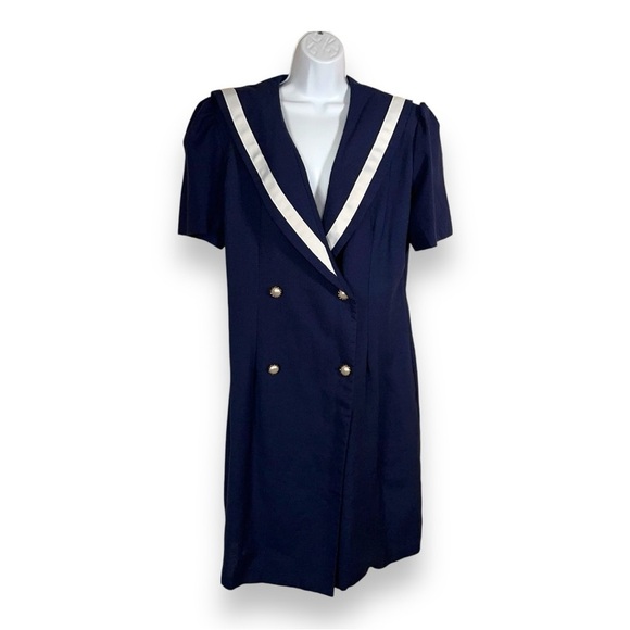 VINTAGE 13/14 SHELLY MICHAELS 1980’s BLUE WHITE SAILOR DRESS RETRO PINUP - Picture 1 of 14